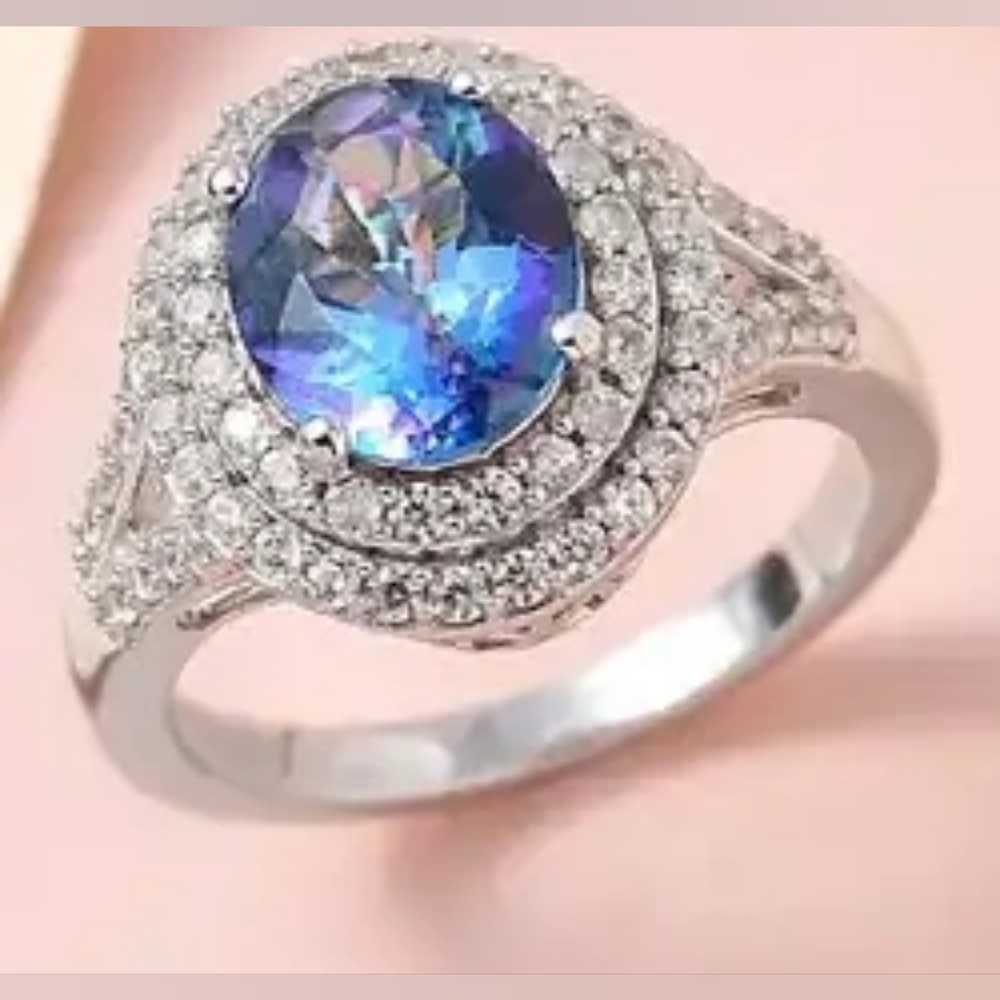 Brazilian Blue Petalite and White Zircon Double Halo Ring Platinum Over Sterling